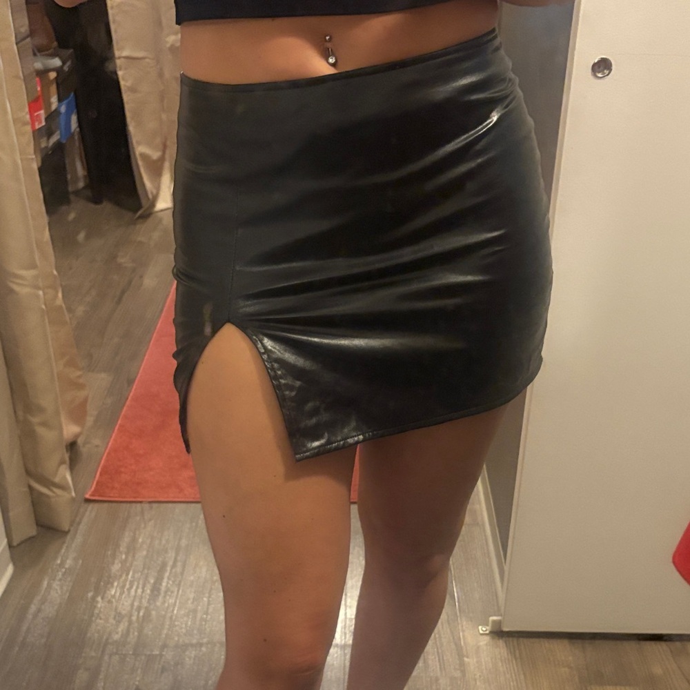 Fashion Nova Black Leather Mini Skirt with Slit